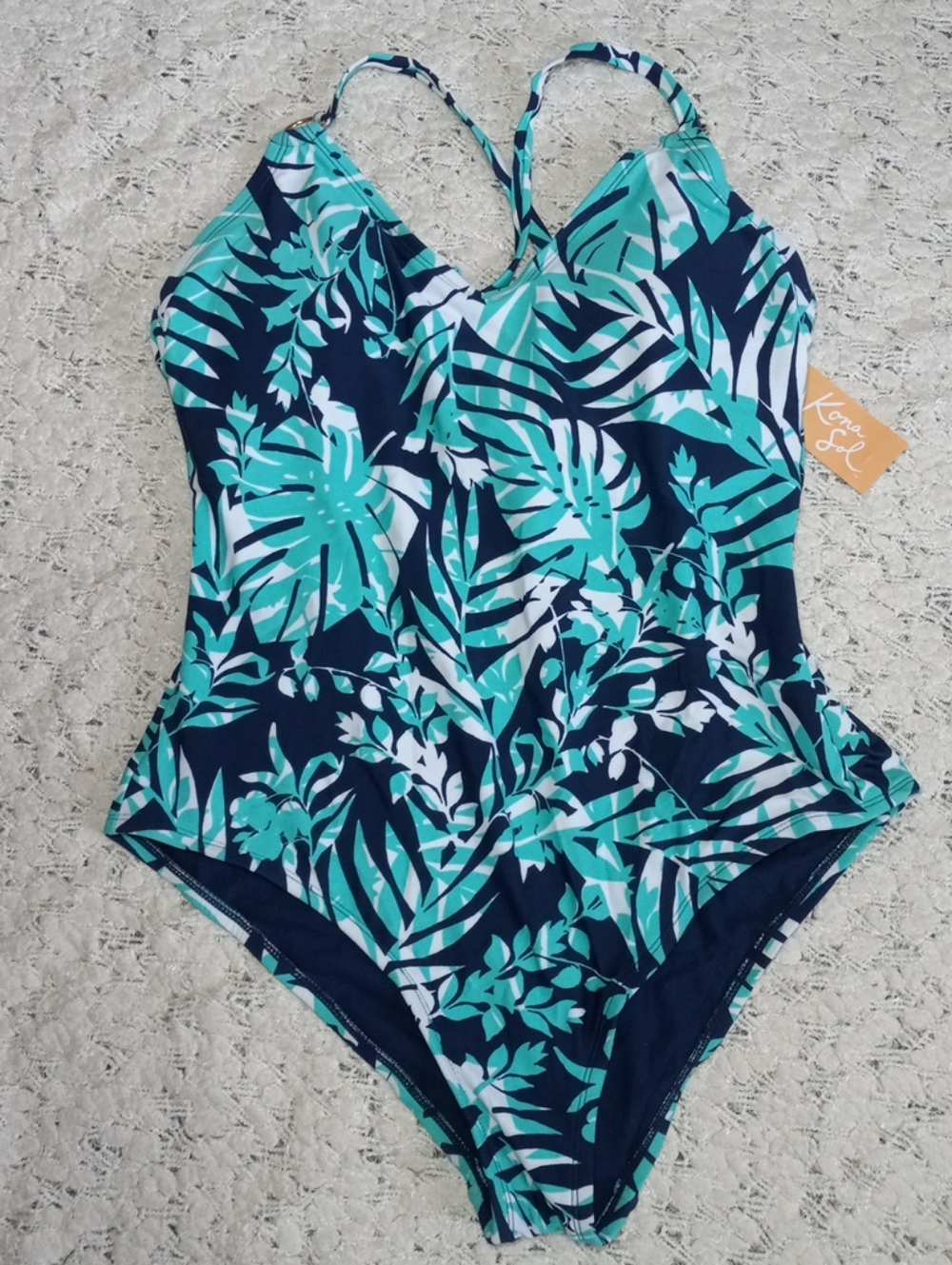 Kona Sol  Tropical One-Piece Swimsuit - Teal, Navy & White SizevL 12-14